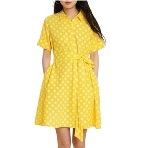 LISA MARIE FERNANDEZ Linen Blend Shirt Dress sz L Yellow White Polka Dot NWOT